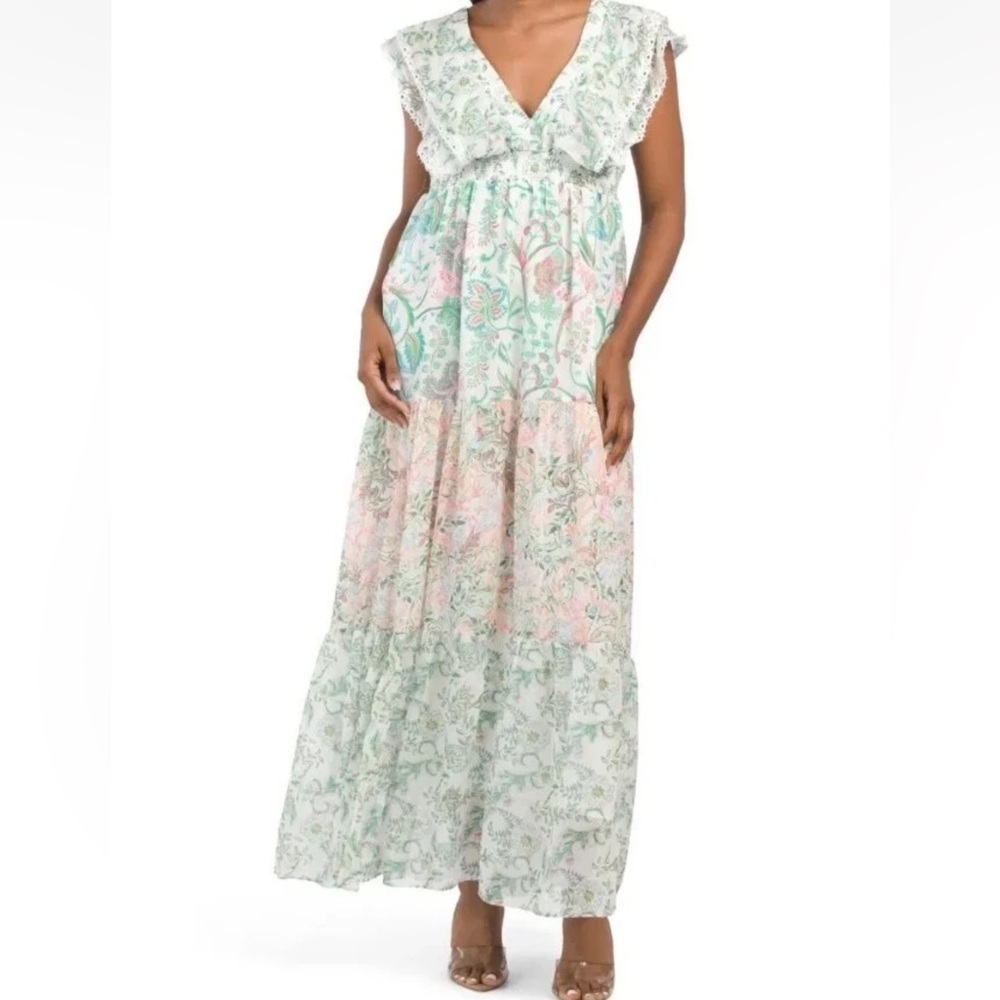 HOUSE OF HARLOW tiered maxi dress in pastel floral print flutter sleeve country